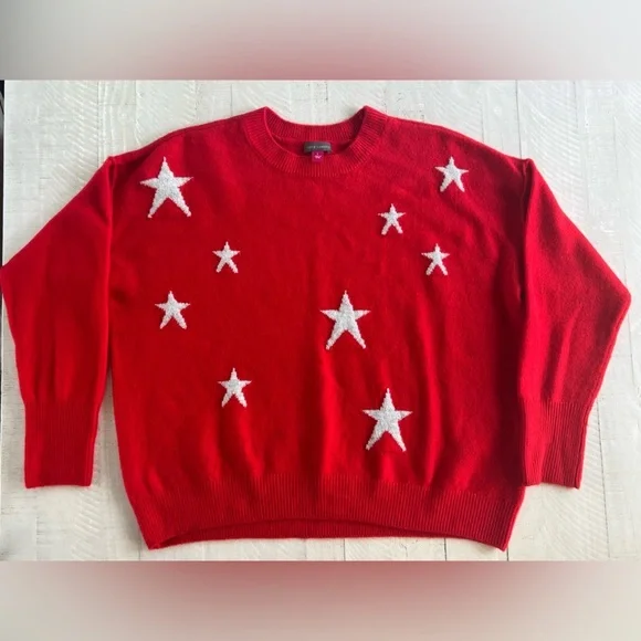 VINCE CAMUTO Womens Red & White Star Long Sleeve Crew Neck Sweater size Large - Picture 2 of 8